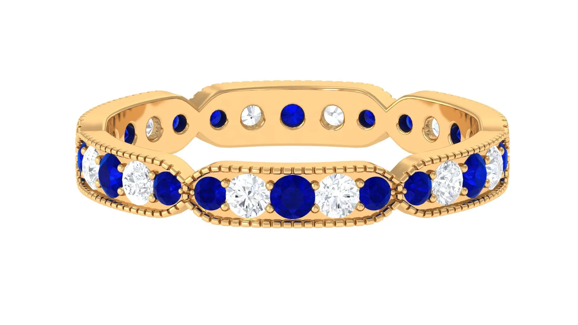 1.25 CT Lab Created Blue Sapphire Milgrain Full Eternity Ring with Diamond