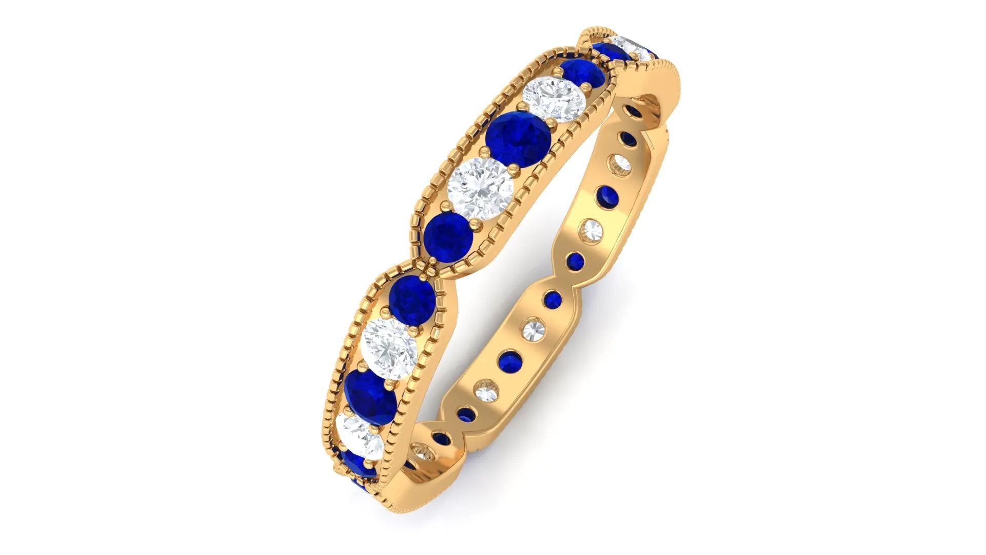 1.25 CT Lab Created Blue Sapphire Milgrain Full Eternity Ring with Diamond