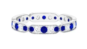 1.25 CT Lab Created Blue Sapphire Milgrain Full Eternity Ring with Diamond