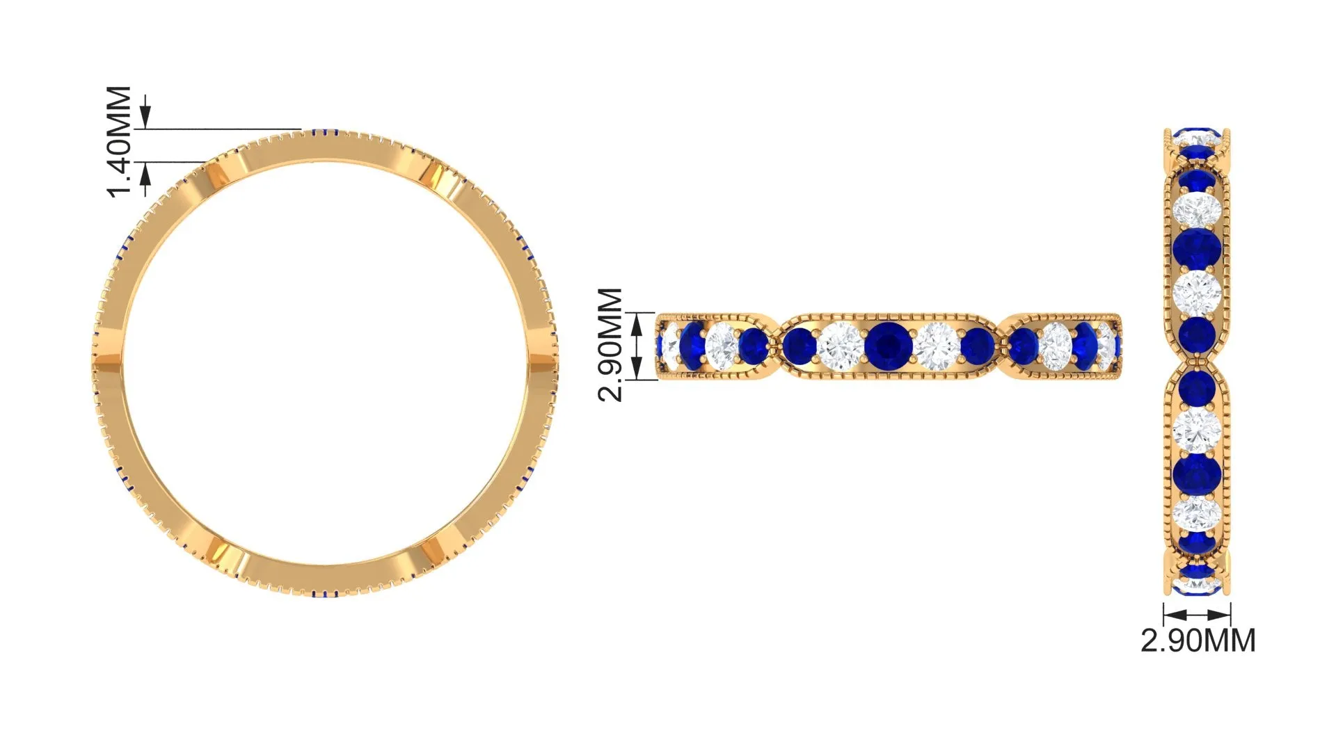 1.25 CT Lab Created Blue Sapphire Milgrain Full Eternity Ring with Diamond