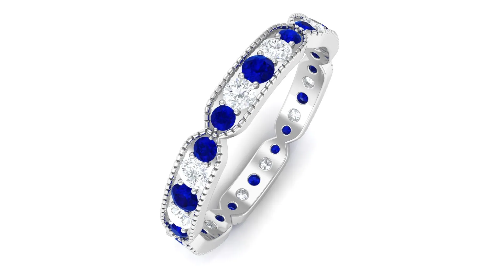 1.25 CT Lab Created Blue Sapphire Milgrain Full Eternity Ring with Diamond