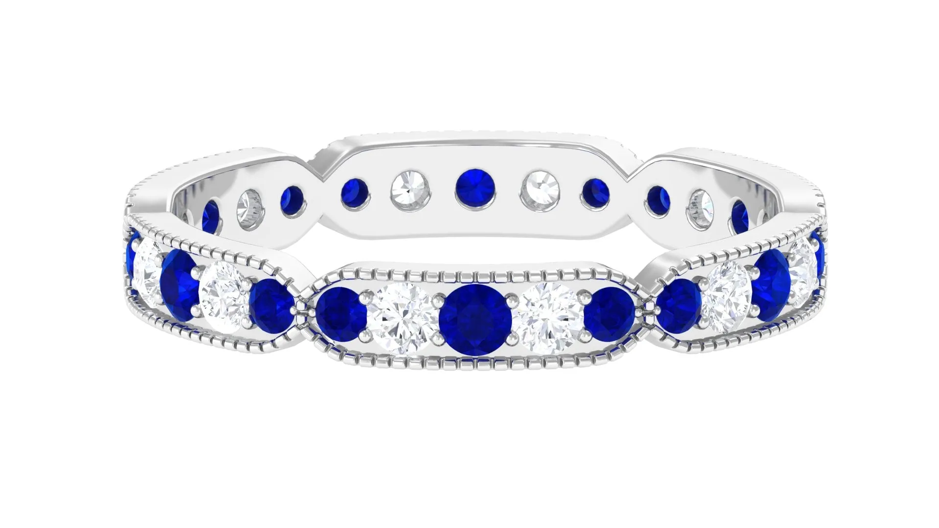 1.25 CT Lab Created Blue Sapphire Milgrain Full Eternity Ring with Diamond