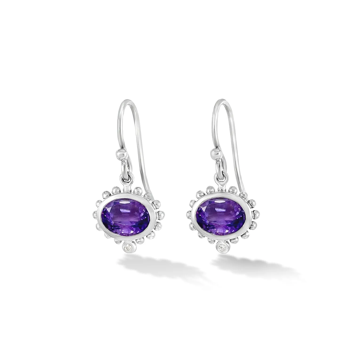 14k Gold Anemone Oval Drop Earrings with Amethyst & Diamond