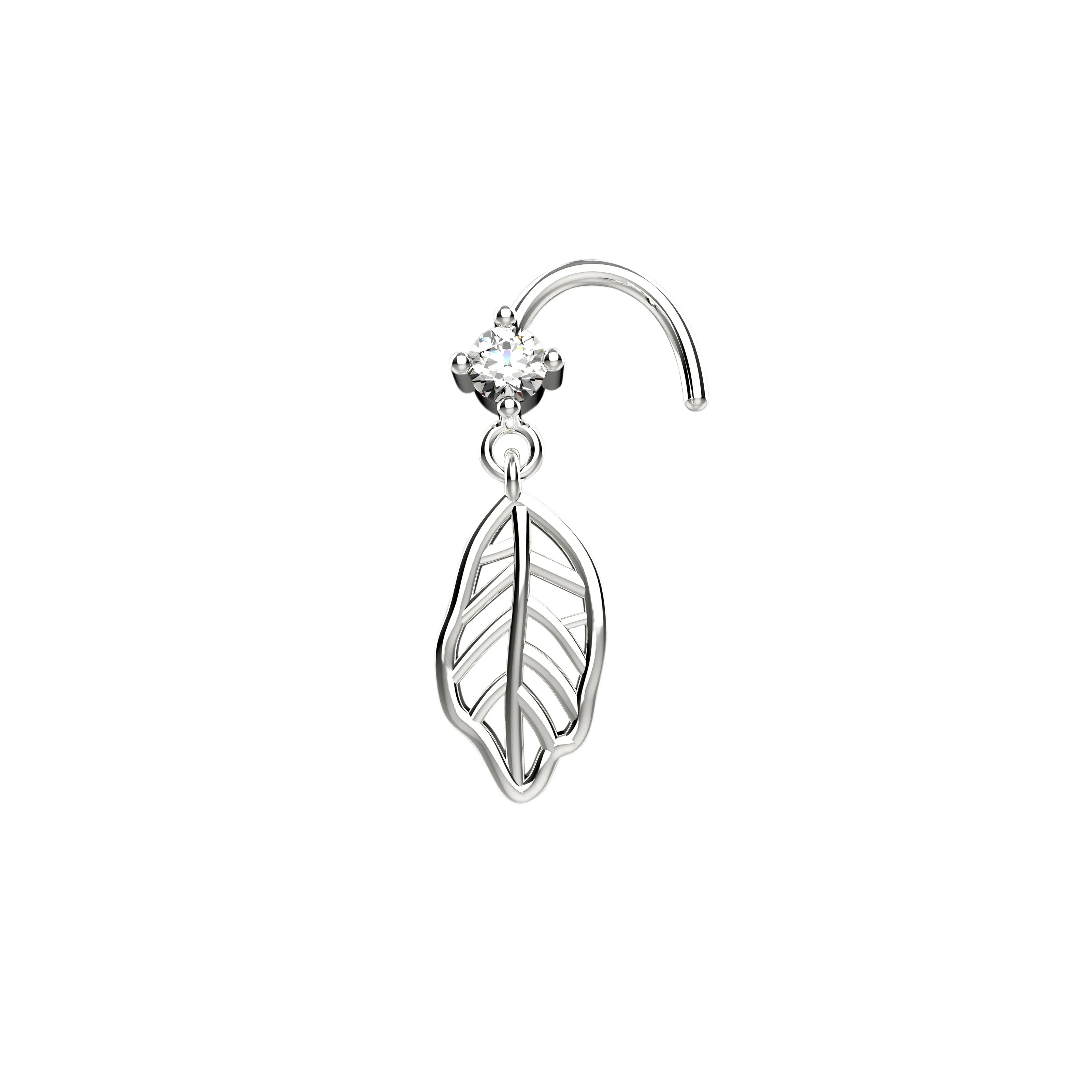 14K Gold Leaf Dangle Nose Stud Ring – Elegant Piercing Jewelry