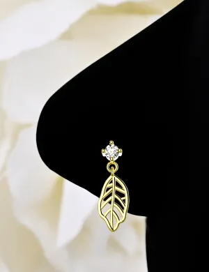 14K Gold Leaf Dangle Nose Stud Ring – Elegant Piercing Jewelry