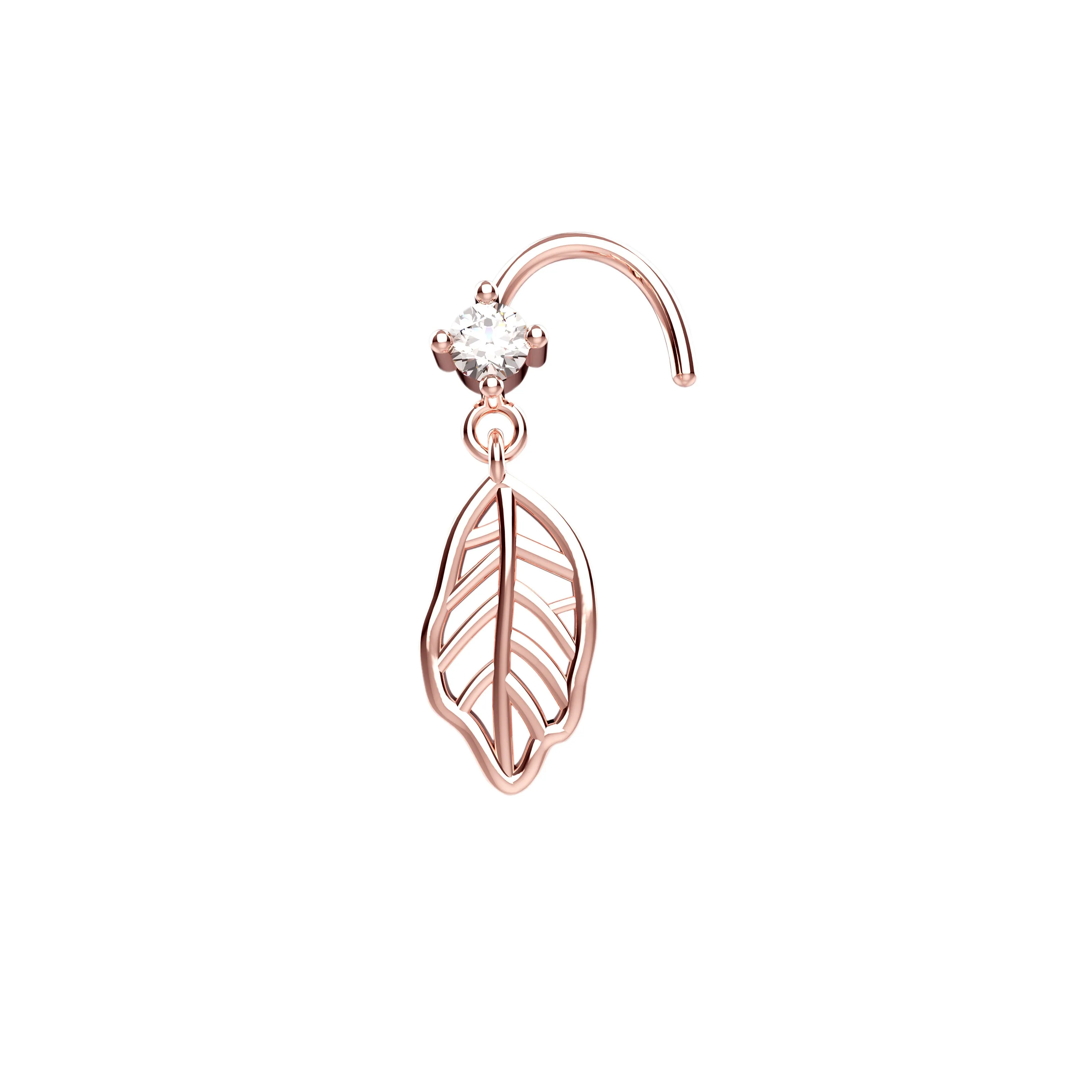 14K Gold Leaf Dangle Nose Stud Ring – Elegant Piercing Jewelry