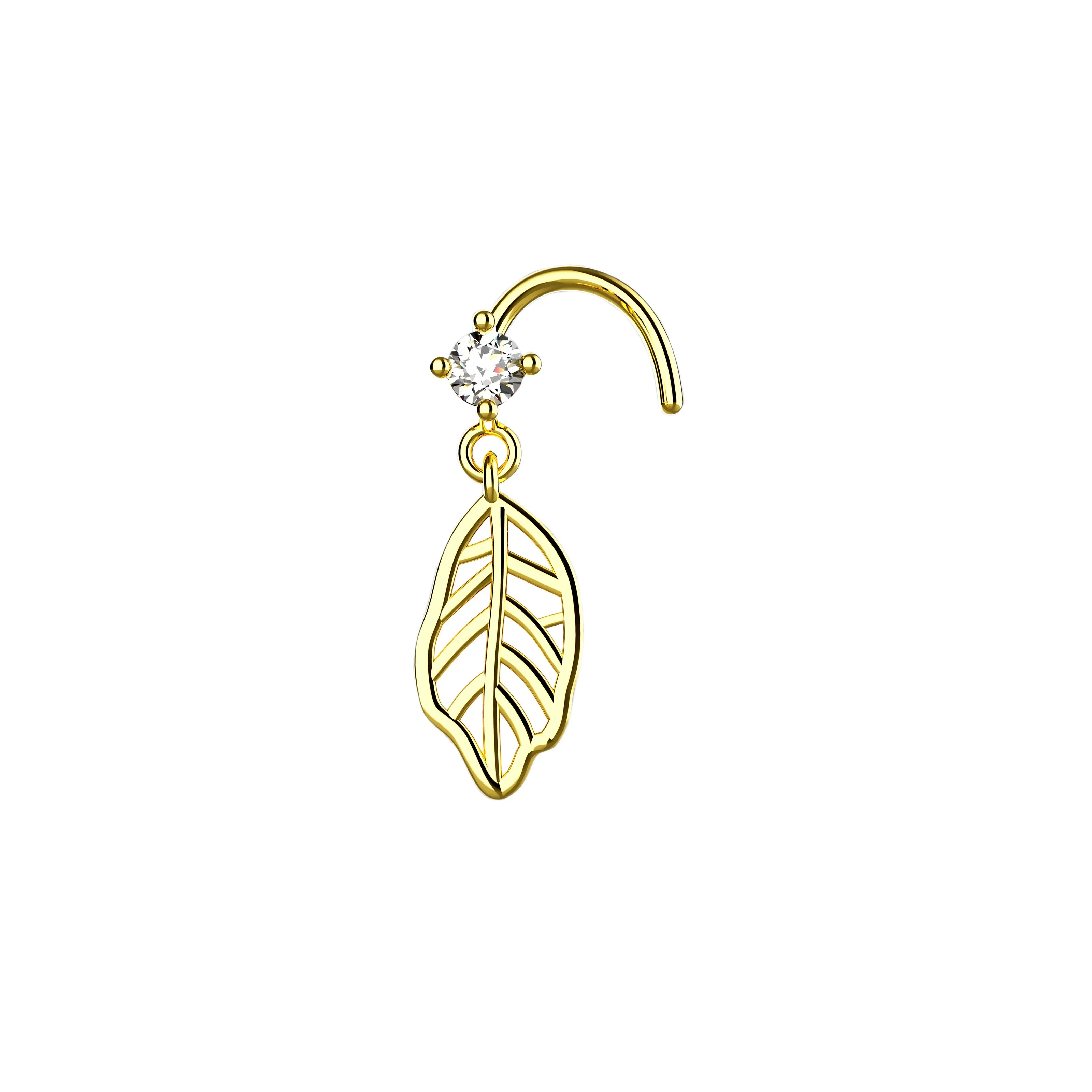 14K Gold Leaf Dangle Nose Stud Ring – Elegant Piercing Jewelry