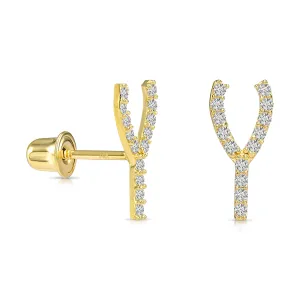 14k Yellow Gold Wishbone Stud Earrings with CZ - Screwbacks
