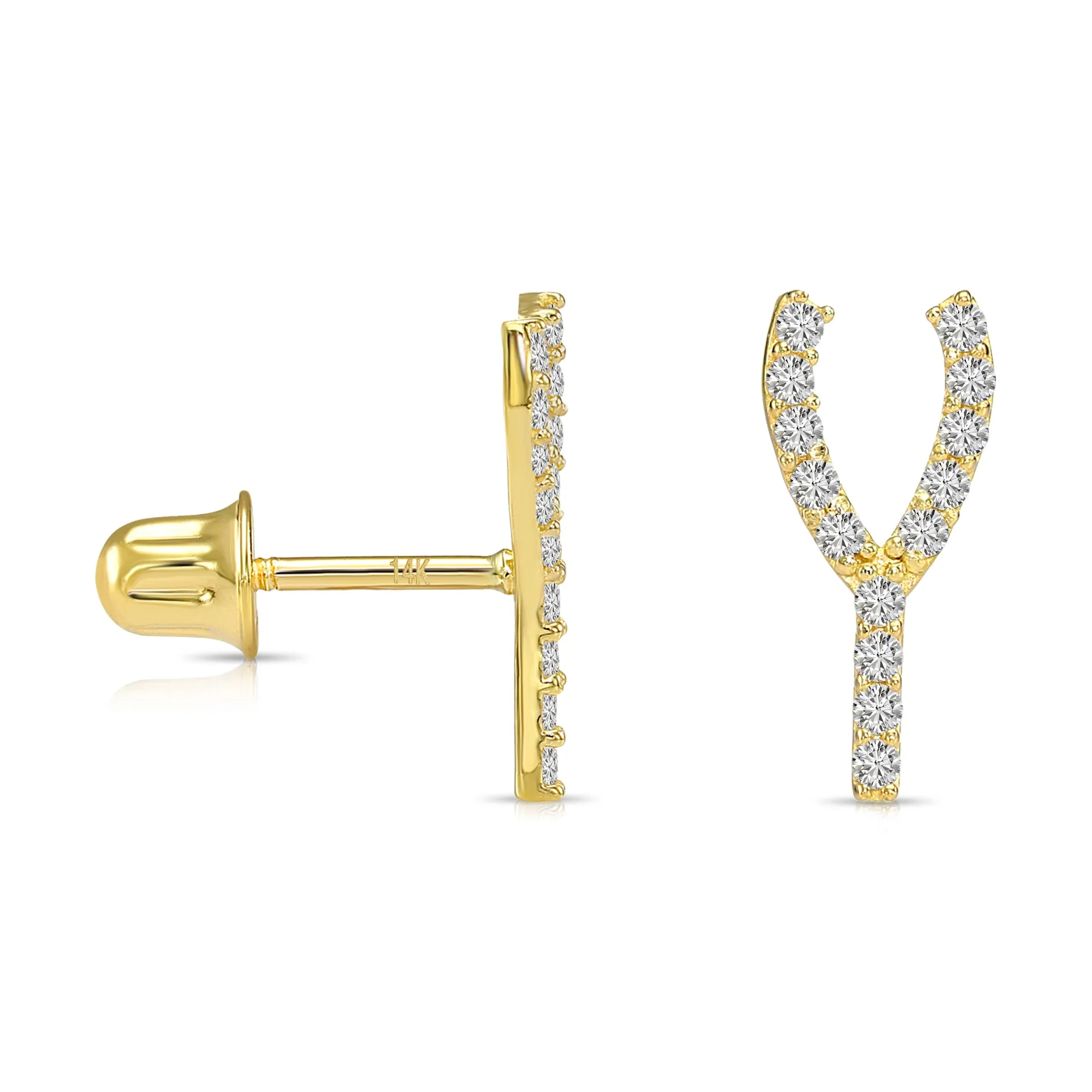 14k Yellow Gold Wishbone Stud Earrings with CZ - Screwbacks