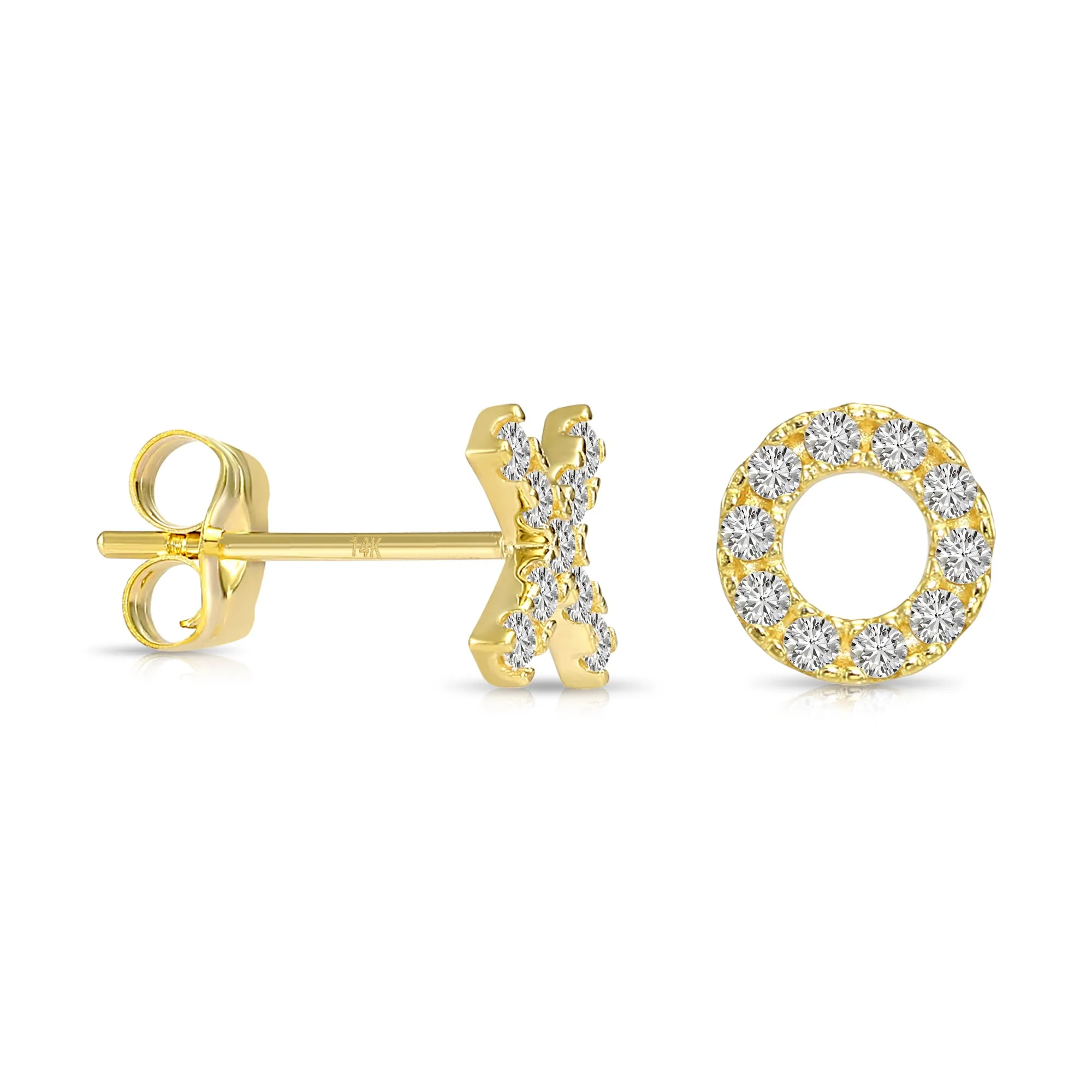 14k Yellow Gold X and O CZ Stud Earrings with Pushbacks