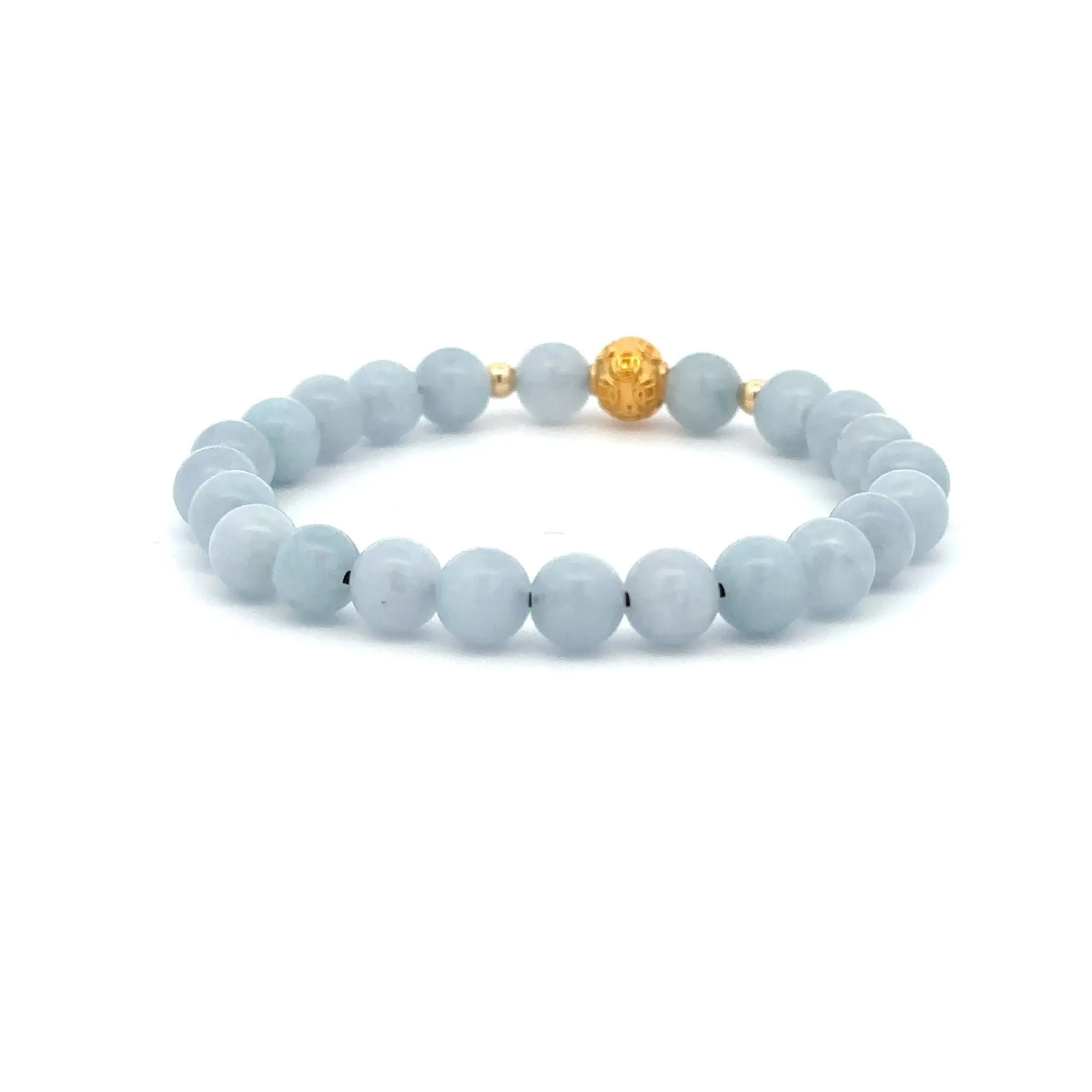 18K Gold Money Ball Lucky Charm Beads Bracelet Gemstones Aquamarine 6mm