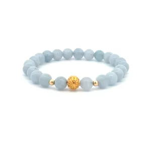 18K Gold Money Ball Lucky Charm Beads Bracelet Gemstones Aquamarine 6mm