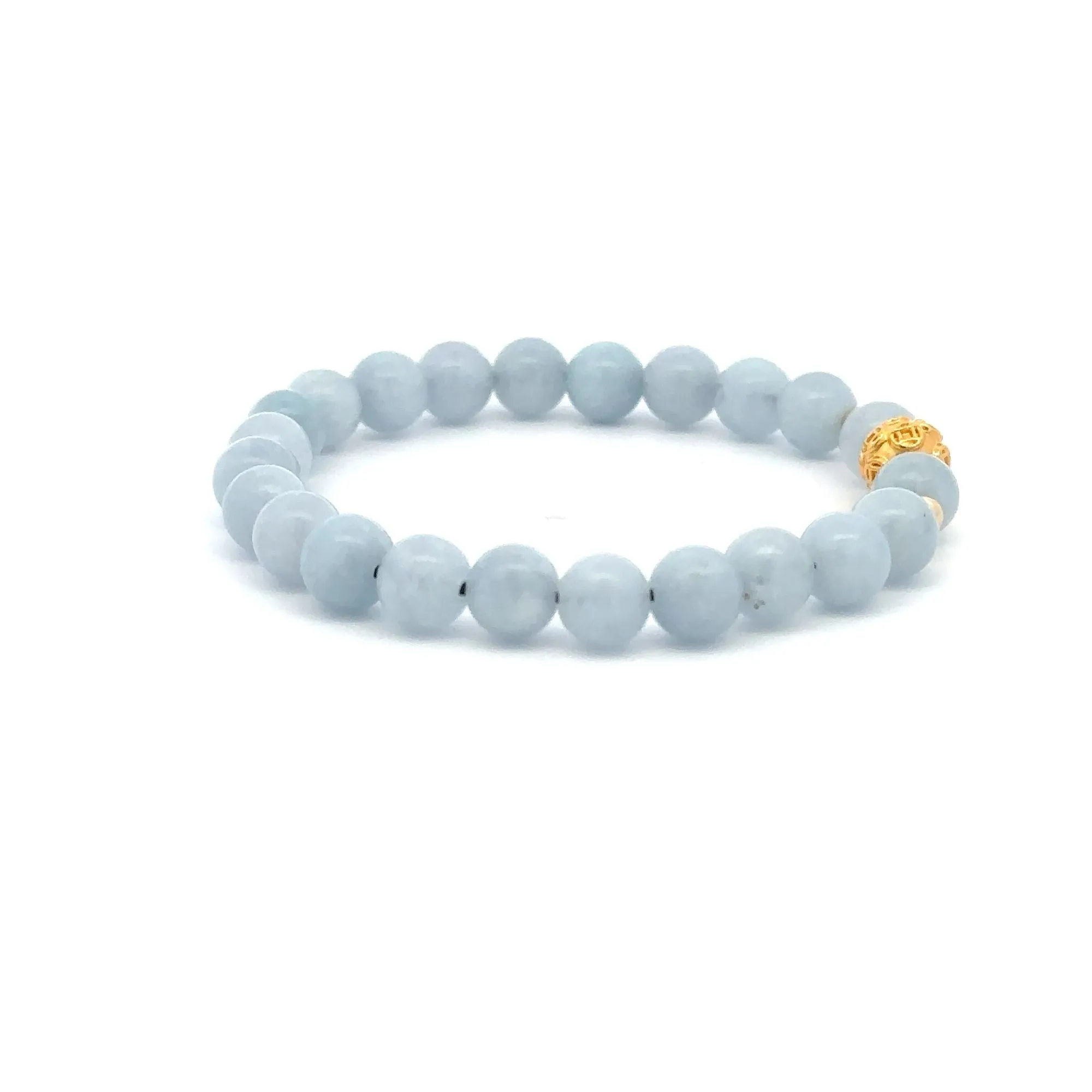 18K Gold Money Ball Lucky Charm Beads Bracelet Gemstones Aquamarine 6mm