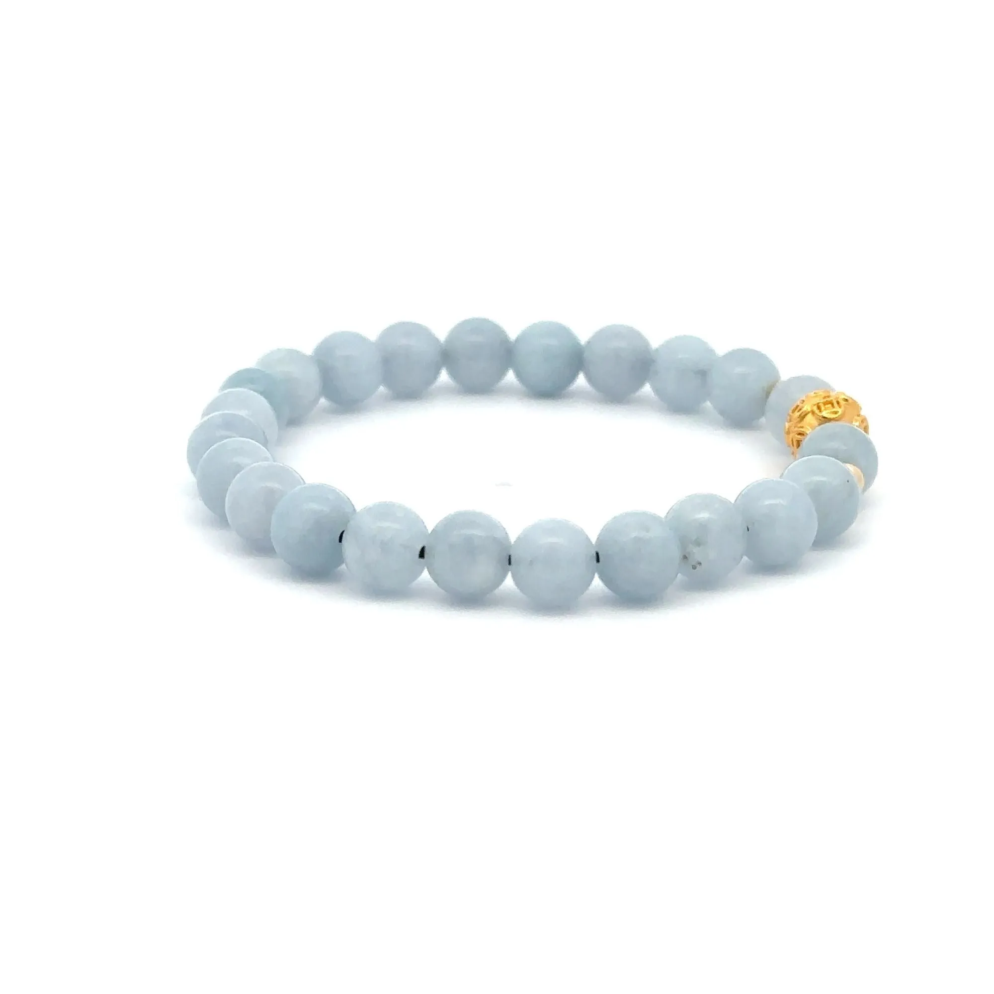 18K Gold Money Ball Lucky Charm Beads Bracelet Gemstones Aquamarine 6mm