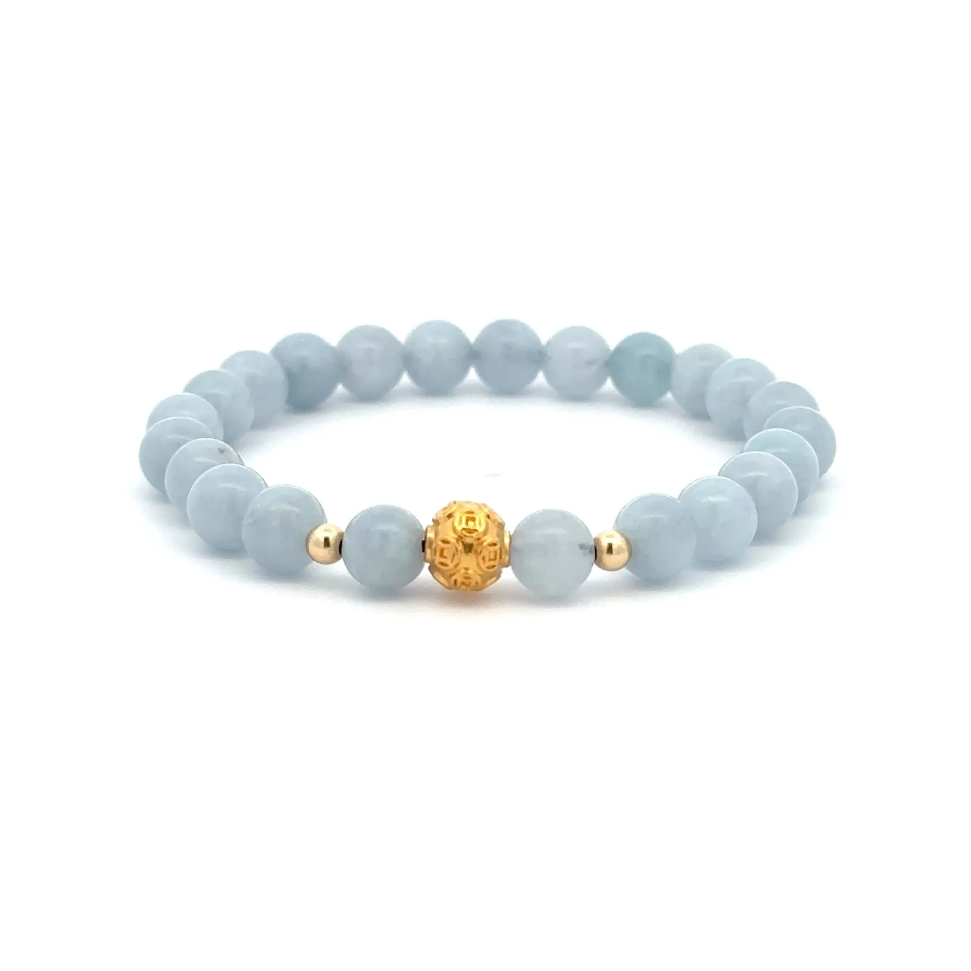 18K Gold Money Ball Lucky Charm Beads Bracelet Gemstones Aquamarine 6mm