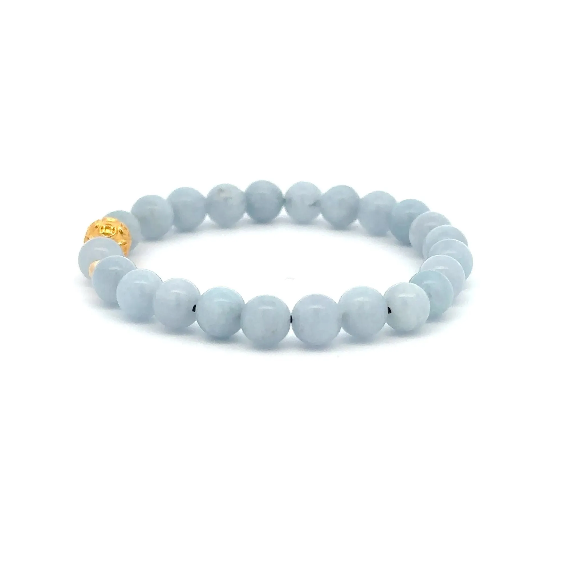 18K Gold Money Ball Lucky Charm Beads Bracelet Gemstones Aquamarine 6mm