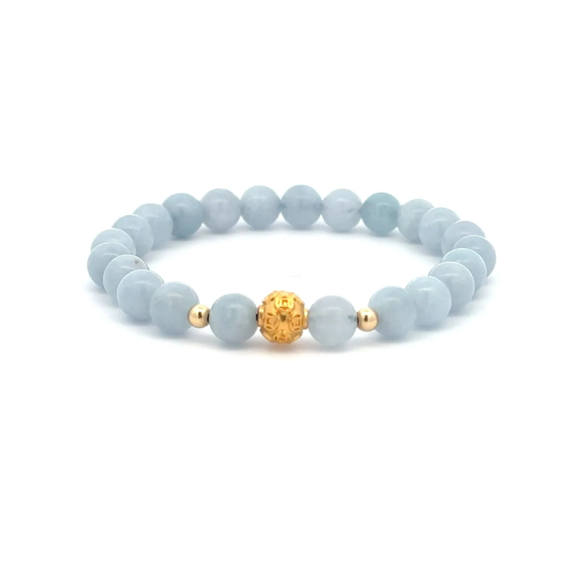 18K Gold Money Ball Lucky Charm Beads Bracelet Gemstones Aquamarine 6mm