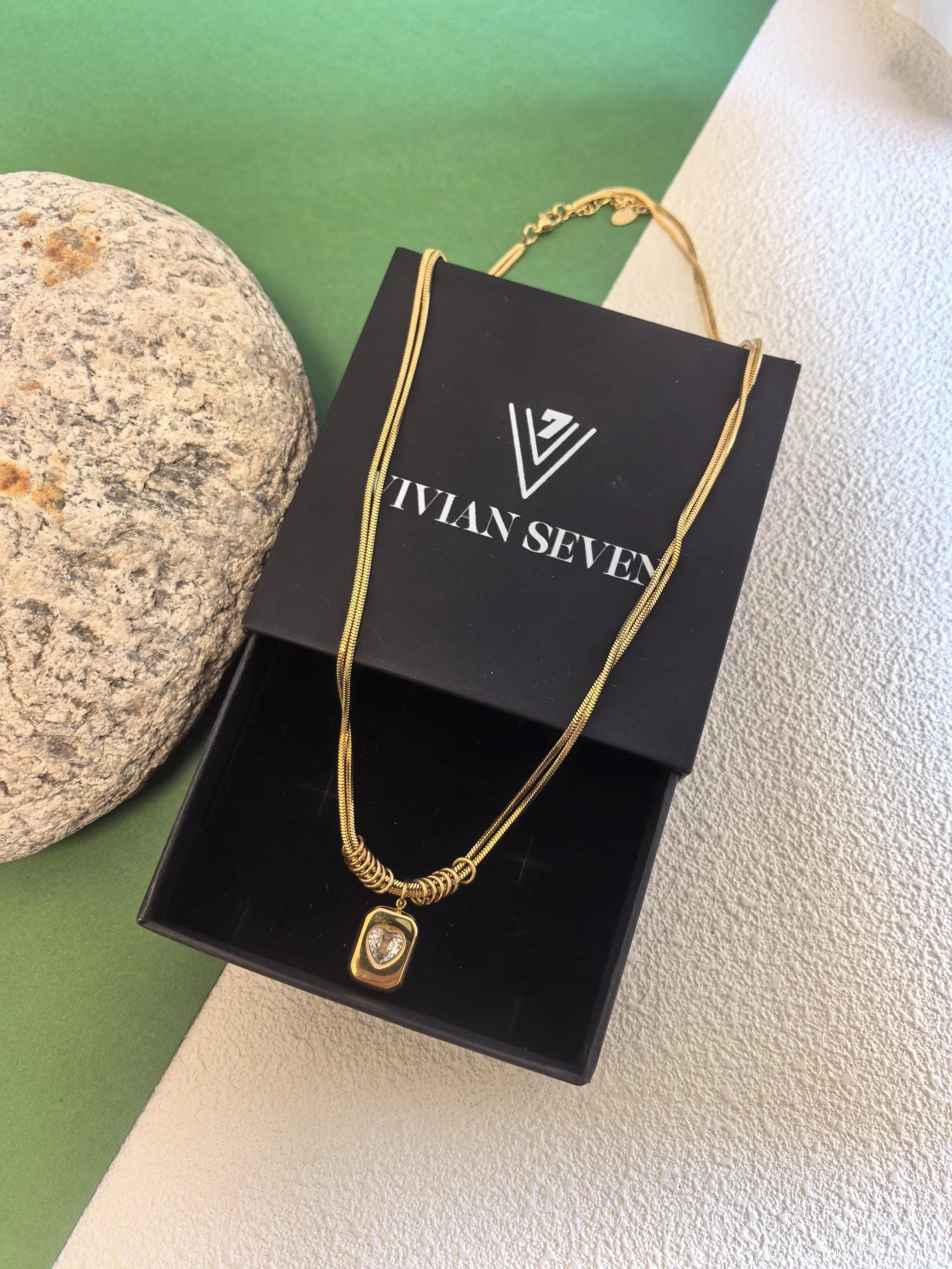 18K Gold Plate Titanium Steel Layered Chain Zircon Pendant Necklace