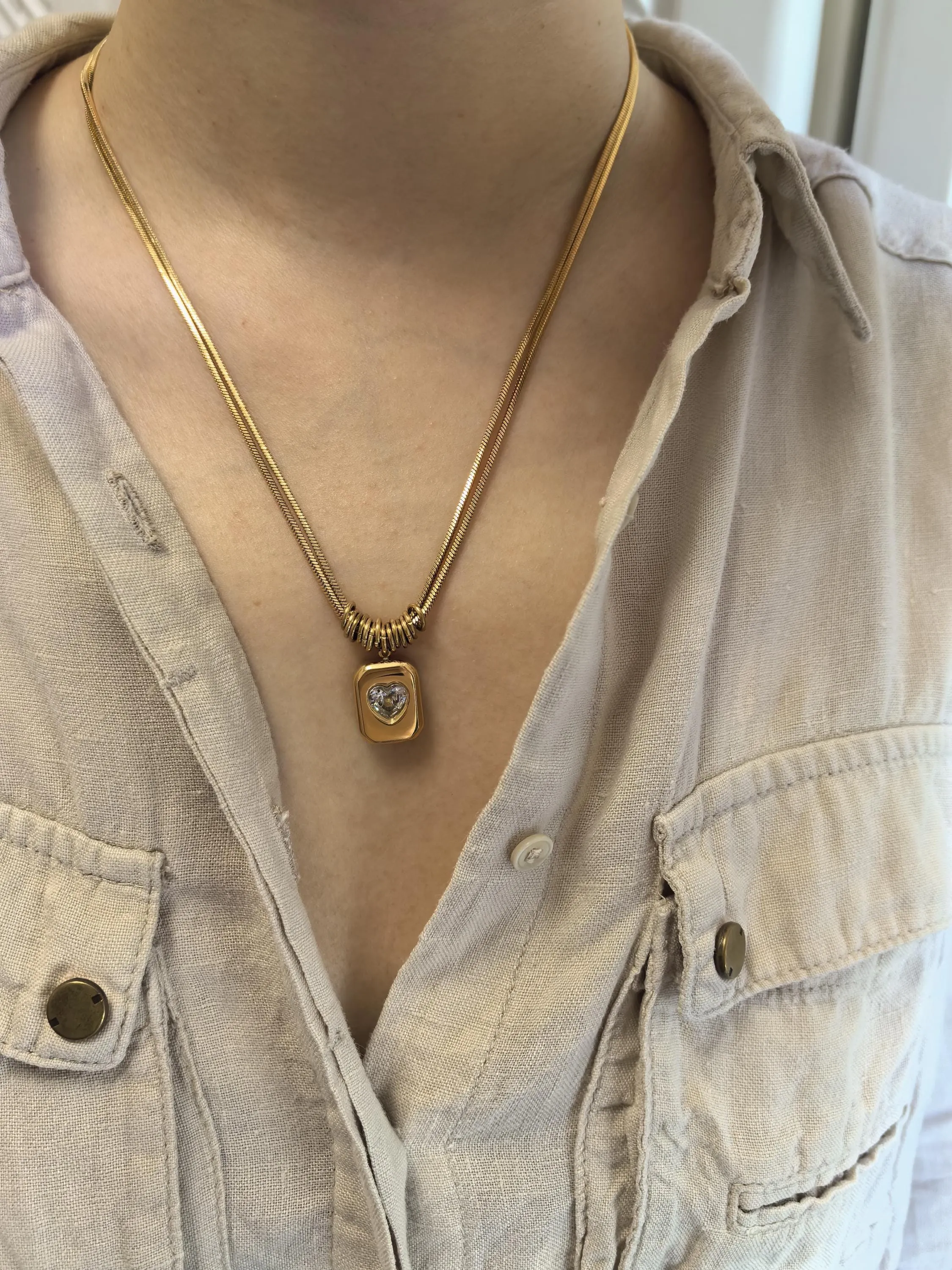 18K Gold Plate Titanium Steel Layered Chain Zircon Pendant Necklace