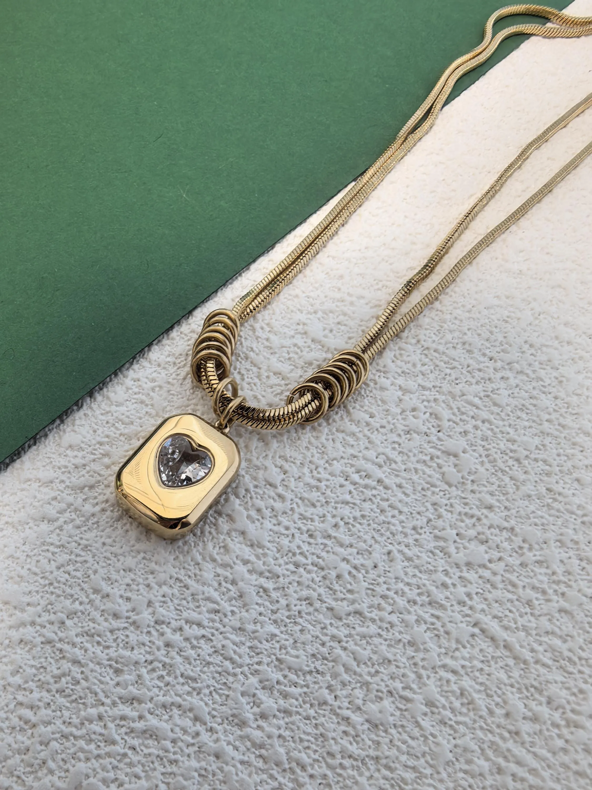 18K Gold Plate Titanium Steel Layered Chain Zircon Pendant Necklace