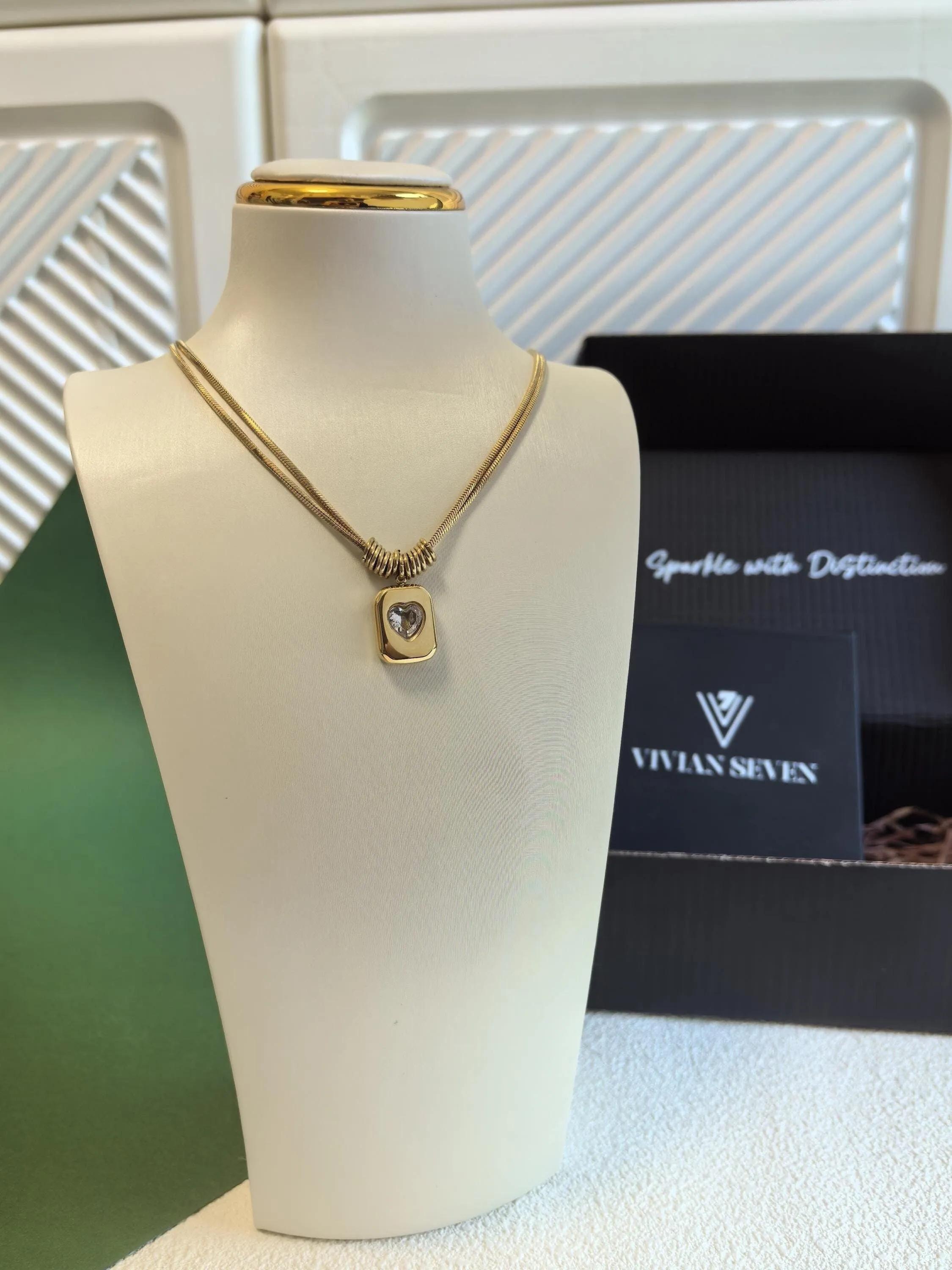 18K Gold Plate Titanium Steel Layered Chain Zircon Pendant Necklace