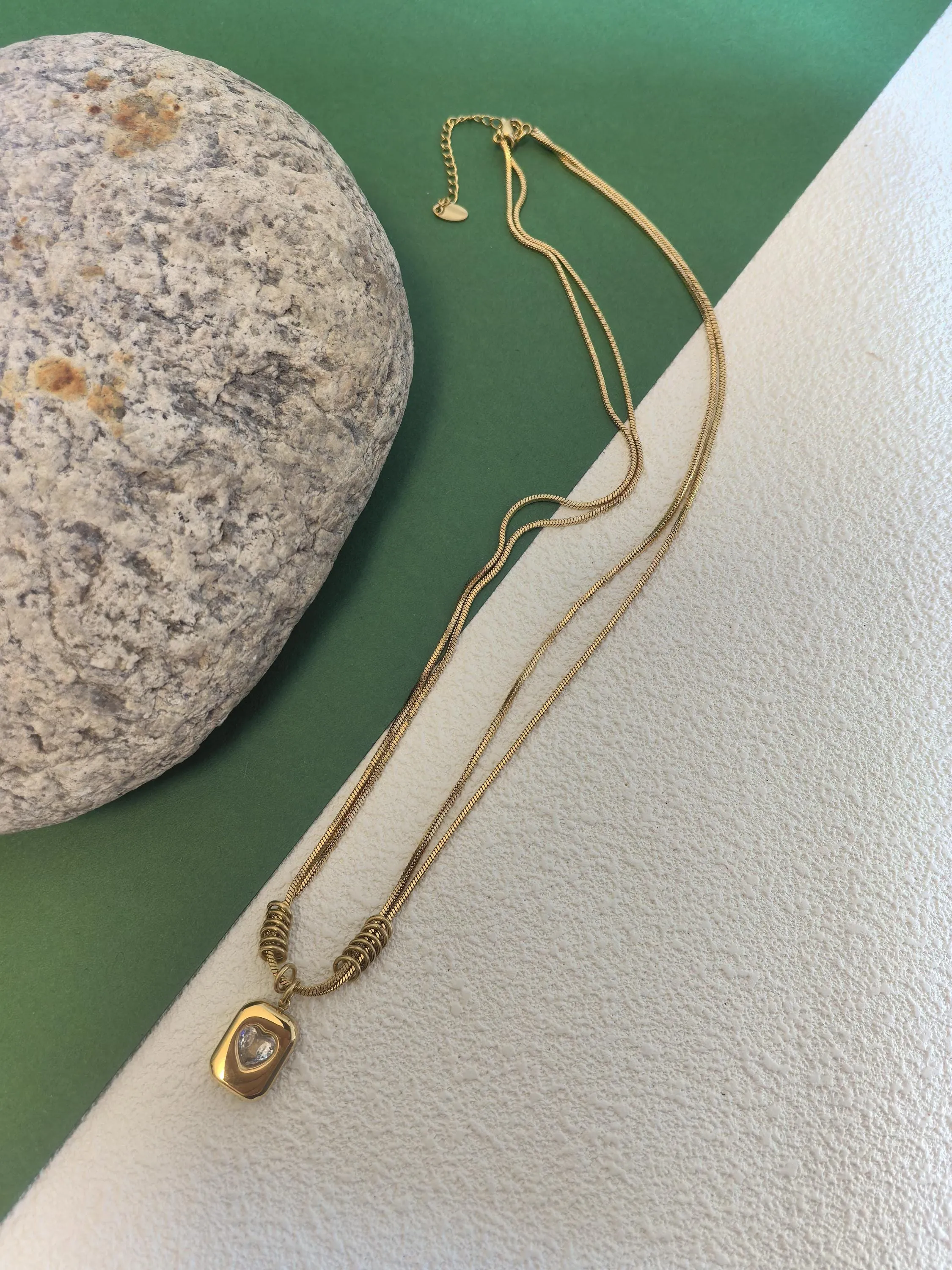 18K Gold Plate Titanium Steel Layered Chain Zircon Pendant Necklace