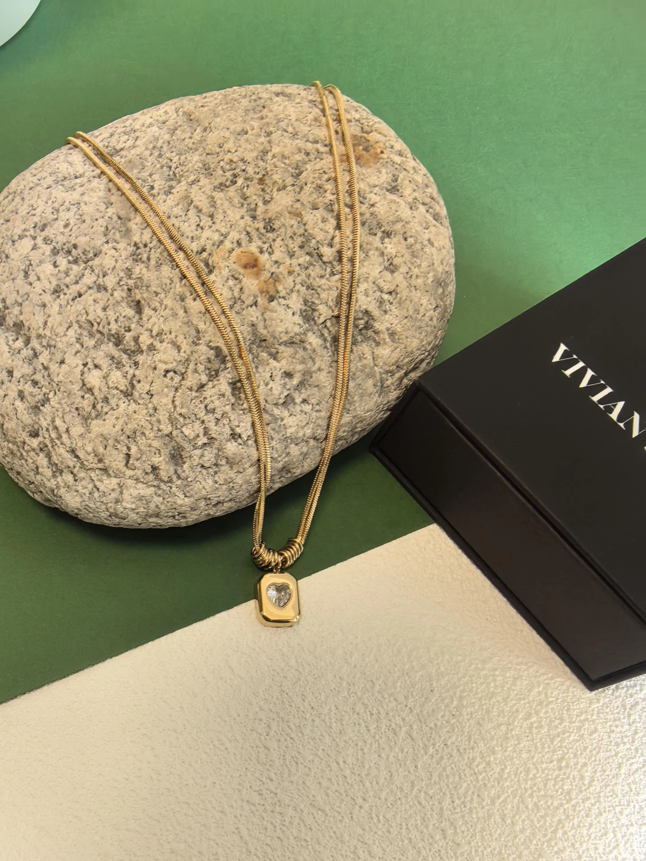 18K Gold Plate Titanium Steel Layered Chain Zircon Pendant Necklace