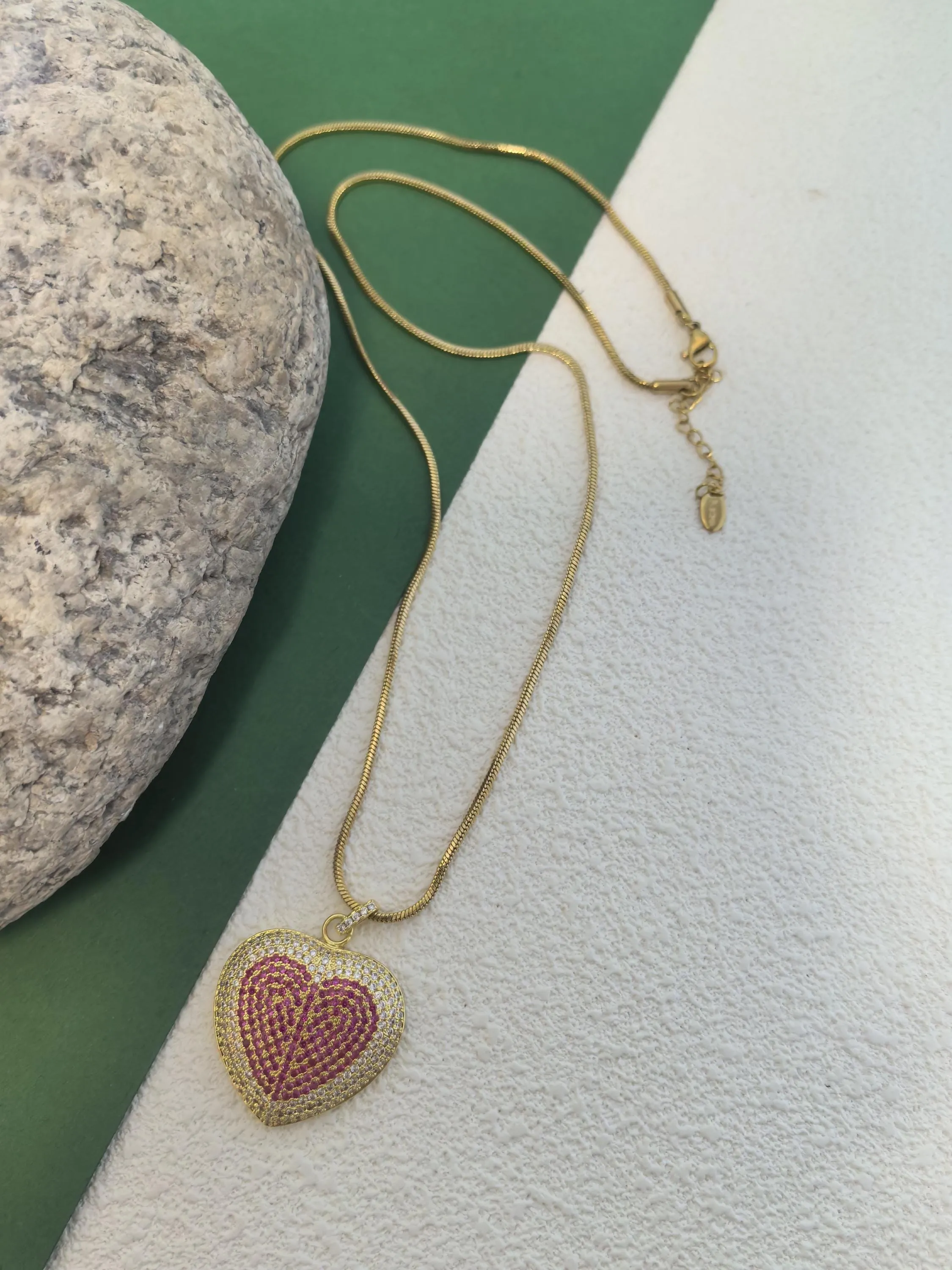 18K Gold Plate Titanium Steel Snake Chain Brass Zircon Heart Pendant Necklace