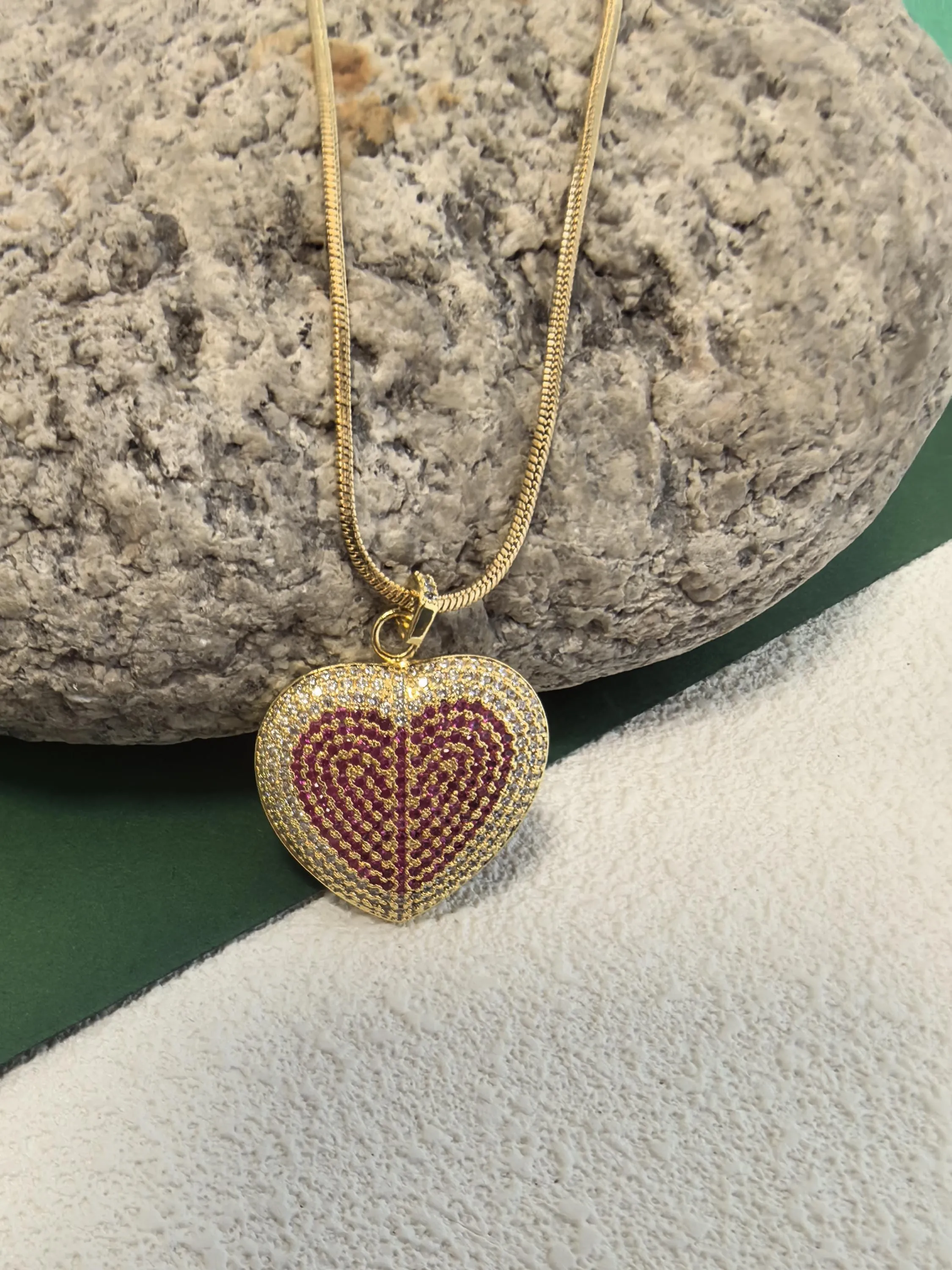 18K Gold Plate Titanium Steel Snake Chain Brass Zircon Heart Pendant Necklace