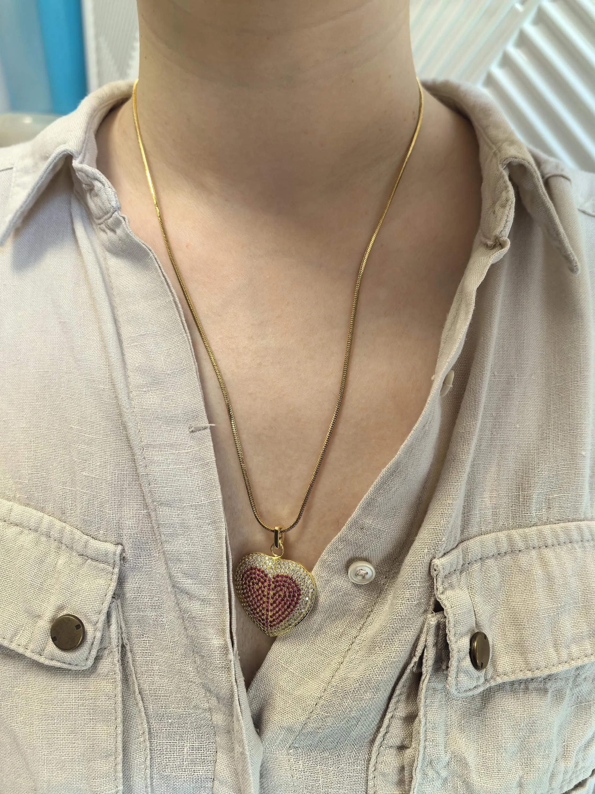 18K Gold Plate Titanium Steel Snake Chain Brass Zircon Heart Pendant Necklace