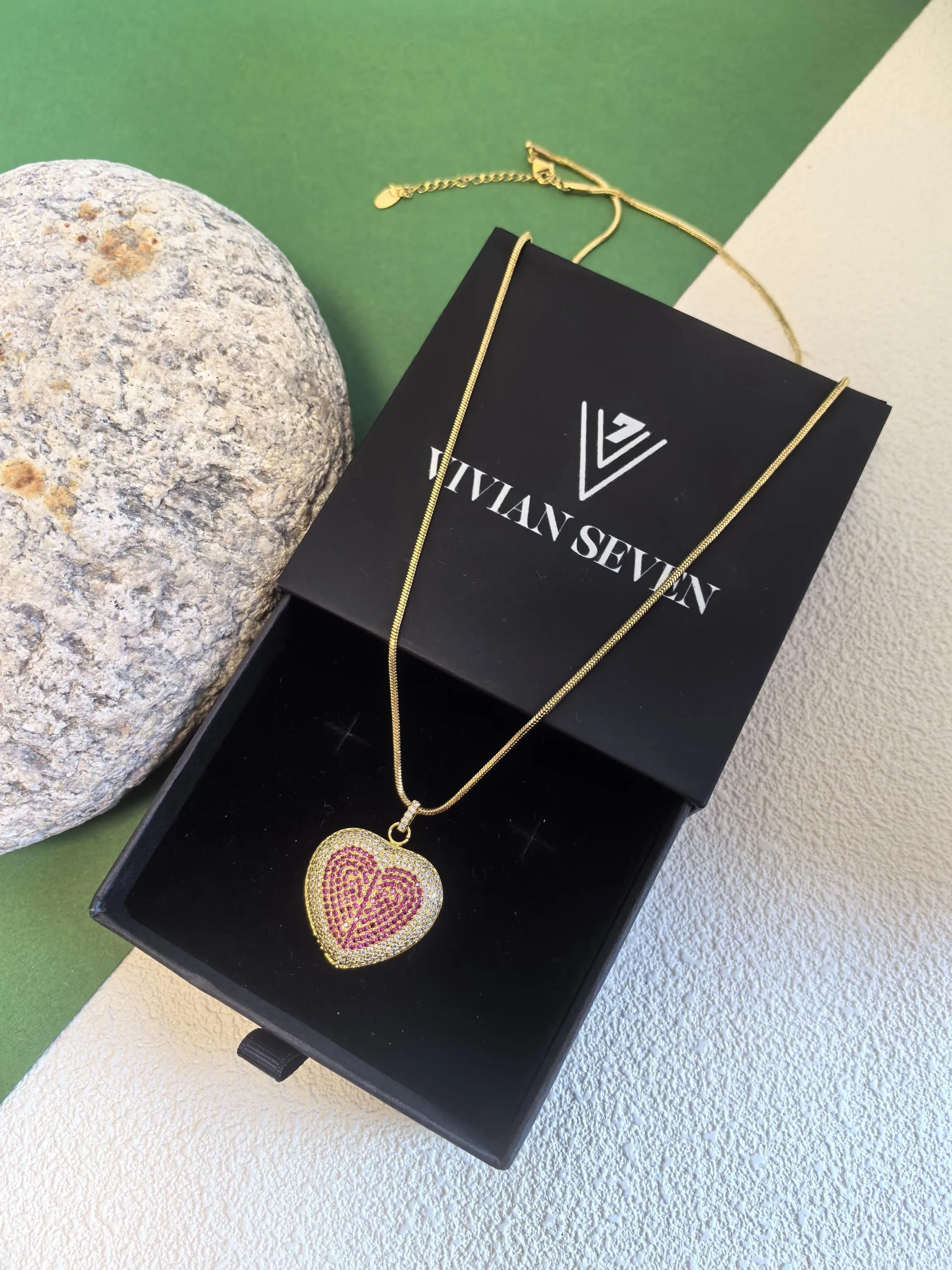 18K Gold Plate Titanium Steel Snake Chain Brass Zircon Heart Pendant Necklace