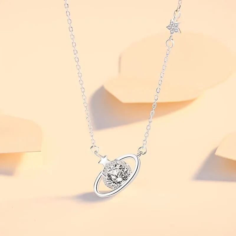 1Pc Elegant Planet Cosmic Zircon Simple Style Alloy Silver Color Lady Pendant Necklace Daily Party Party Birthday Gift