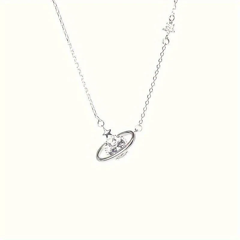 1Pc Elegant Planet Cosmic Zircon Simple Style Alloy Silver Color Lady Pendant Necklace Daily Party Party Birthday Gift