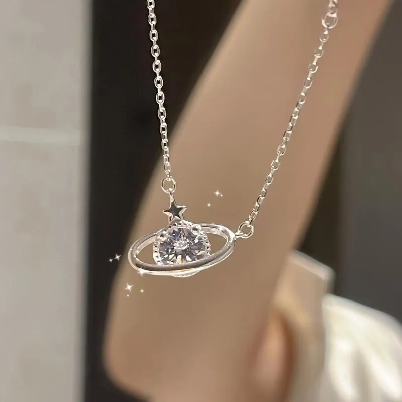 1Pc Elegant Planet Cosmic Zircon Simple Style Alloy Silver Color Lady Pendant Necklace Daily Party Party Birthday Gift