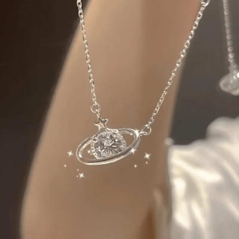 1Pc Elegant Planet Cosmic Zircon Simple Style Alloy Silver Color Lady Pendant Necklace Daily Party Party Birthday Gift
