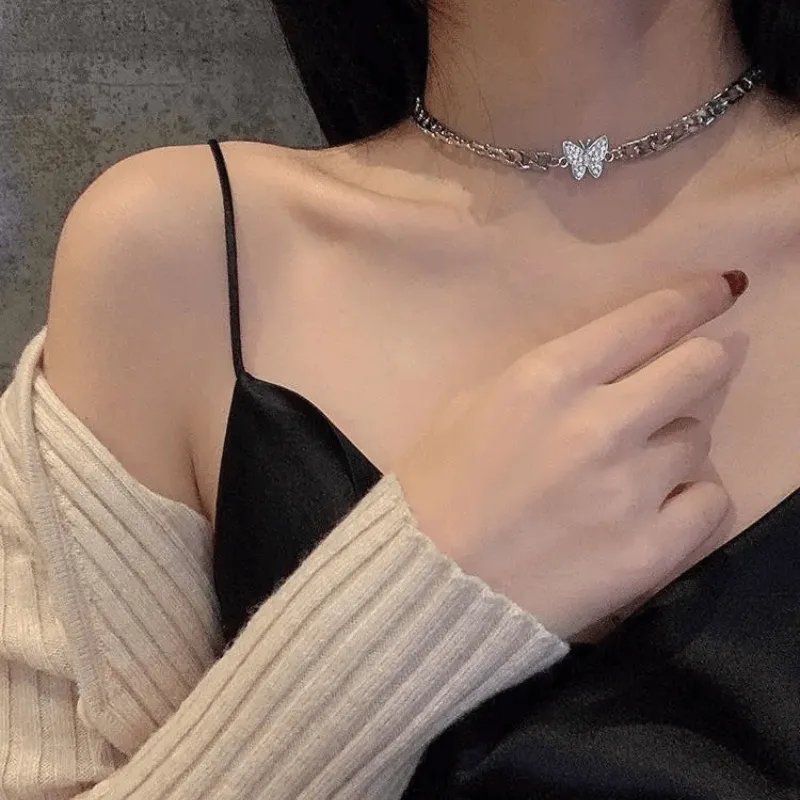 1Pc Fashionable Butterfly Zircon Elegant Style Alloy Silver Color Patch Necklace Women Party Birthday Gift