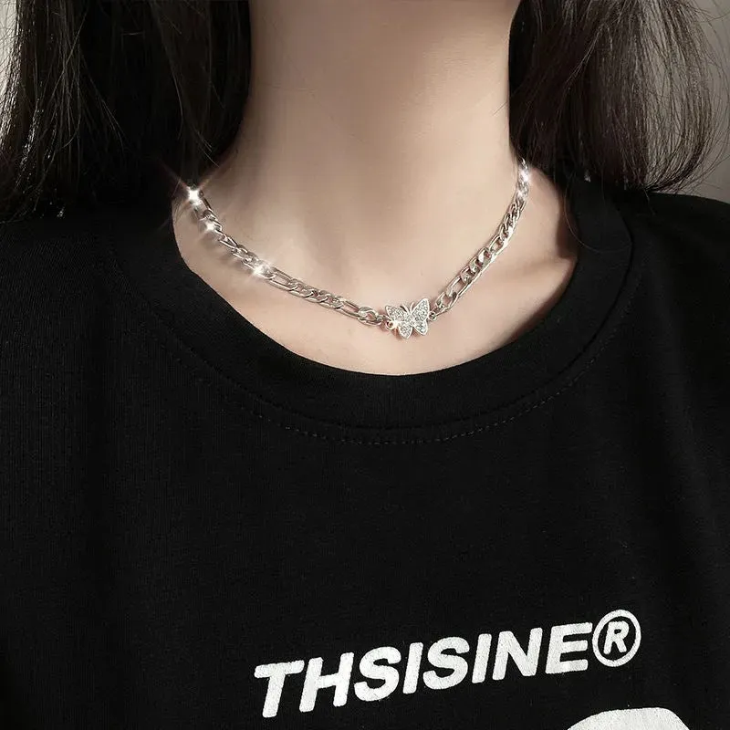 1Pc Fashionable Butterfly Zircon Elegant Style Alloy Silver Color Patch Necklace Women Party Birthday Gift