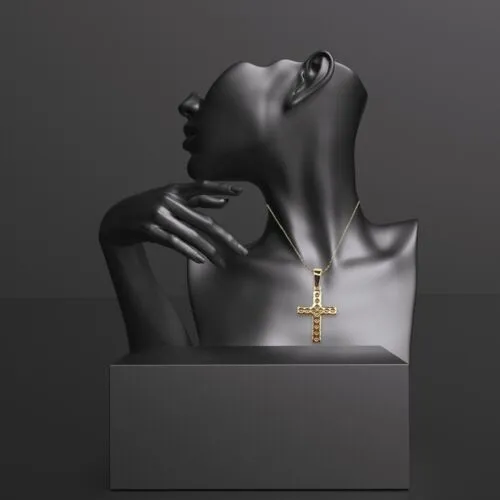 24K Yellow Gold 1 ct Created Diamond CZ Cross Stud Necklace Plated 18 inch