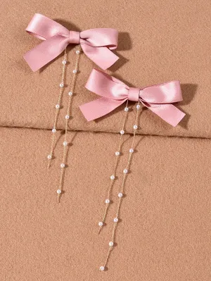 2pcs Pink Bow Knot Hair Clip with Pearl Tassel for Women Barrette Styling Hair