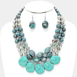 3 Row Pebble Antique Spacer Patina Verdigris, Turquoise Beaded Necklace with Matching Earrings - Tribal, Bohemian