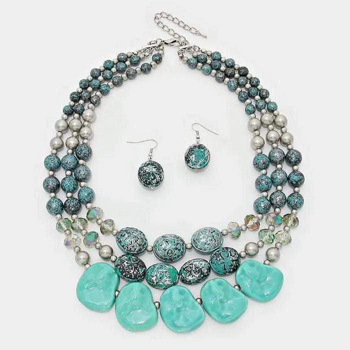 3 Row Pebble Antique Spacer Patina Verdigris, Turquoise Beaded Necklace with Matching Earrings - Tribal, Bohemian