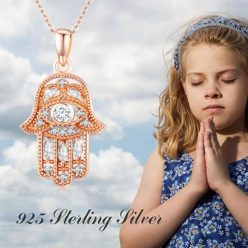 925 Sterling Silver Hamsa Hand of Fatima Evil Eye Pendant Necklace