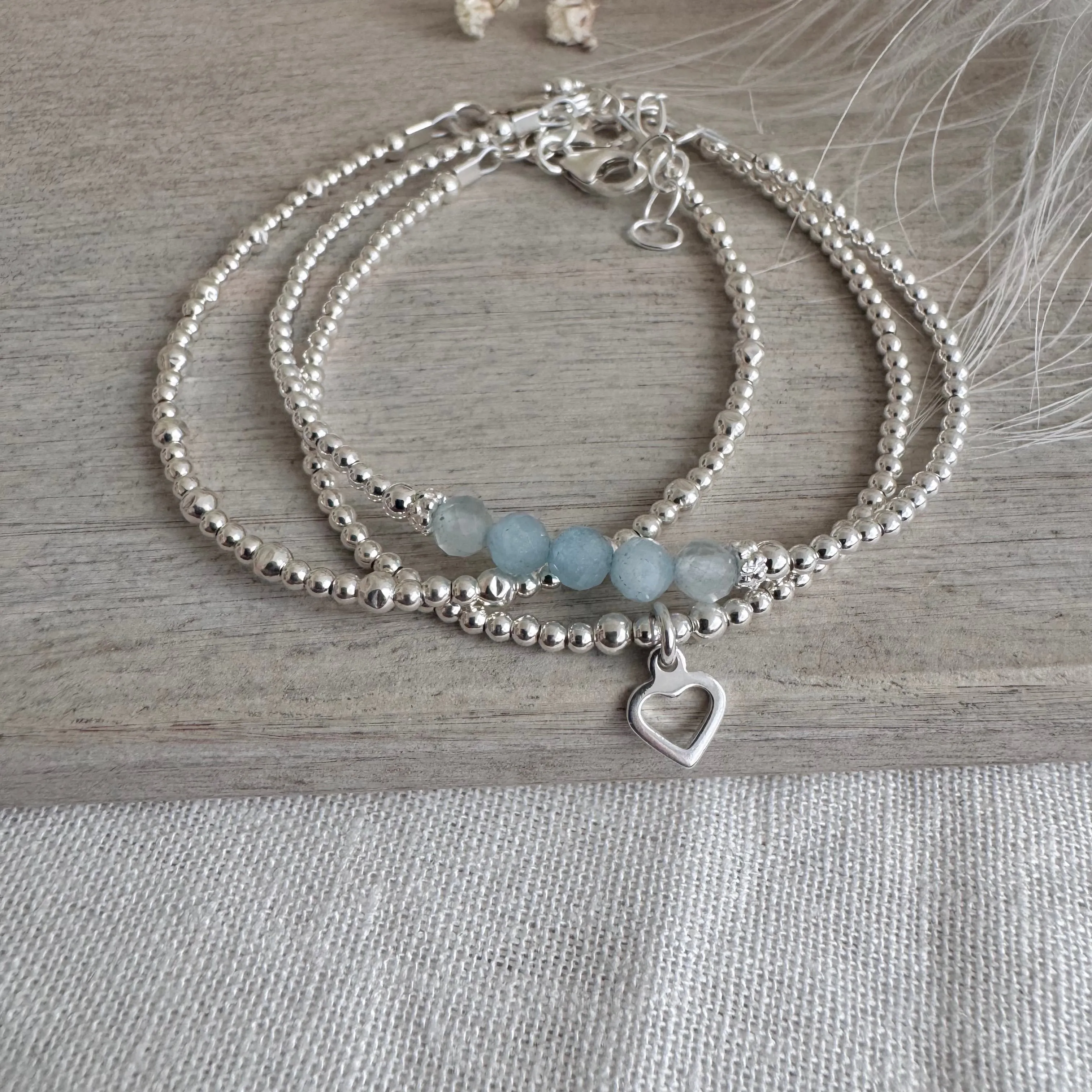 A Dainty March Birthstone Aquamarine Bracelet Set, March Stacking Bracelets for Women in Sterling Silver