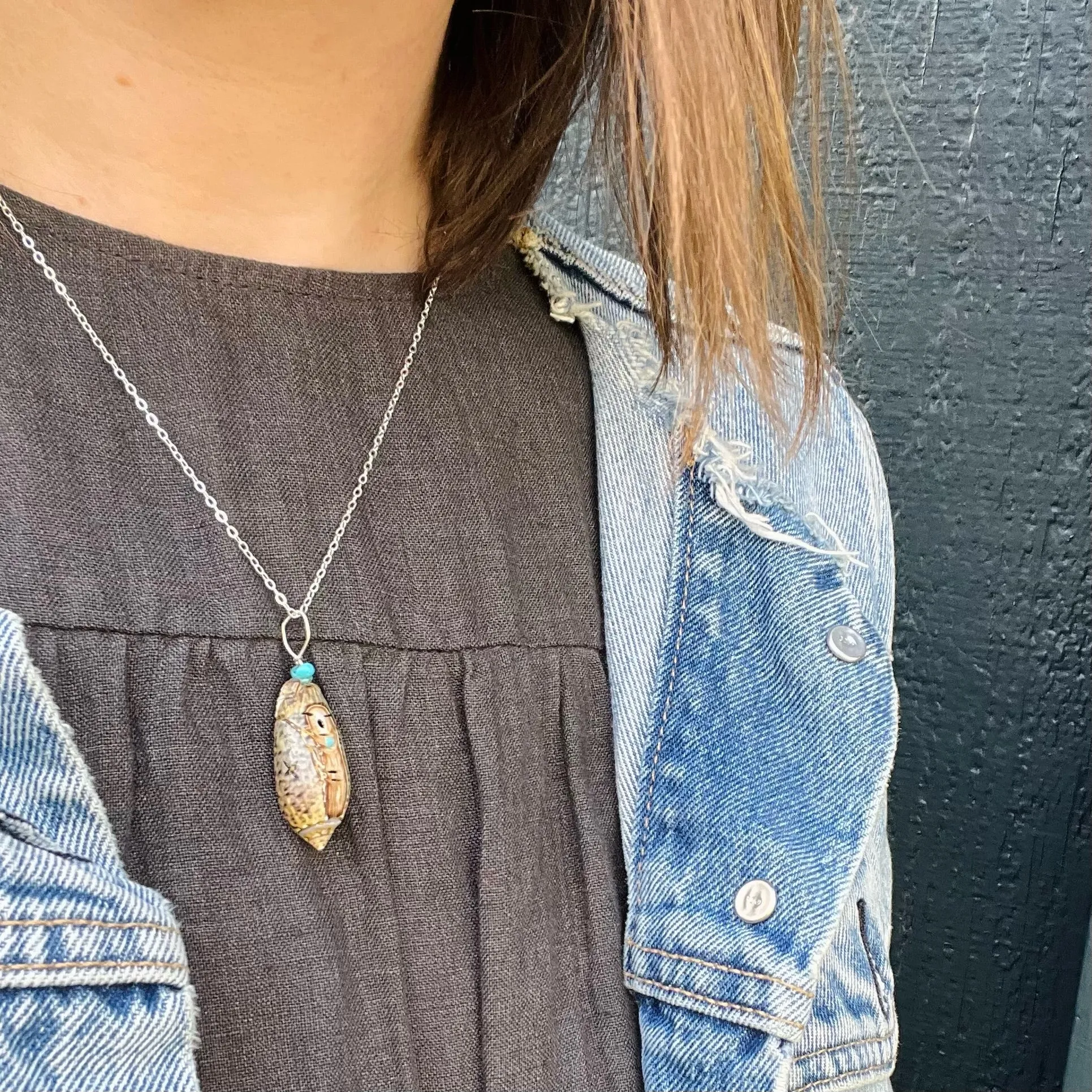 Adorable Carved Snail Shell Corn Maiden Pendant