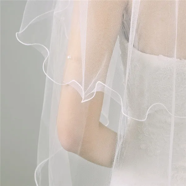 Alluring Tulle Cathedral Train Long Wedding Veil With Pearls WV011