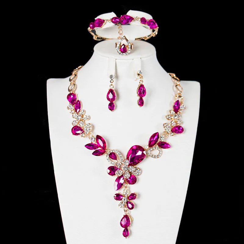 American sparkling crystal gem necklace collarbone set four-piece jewelry exaggerated bridal dress female accessories