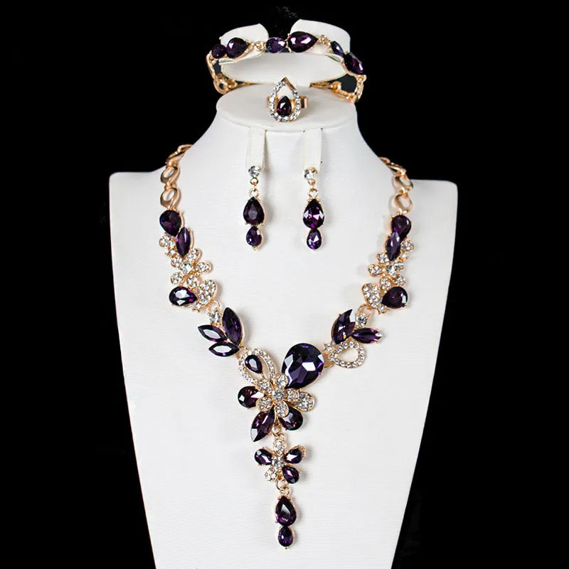 American sparkling crystal gem necklace collarbone set four-piece jewelry exaggerated bridal dress female accessories