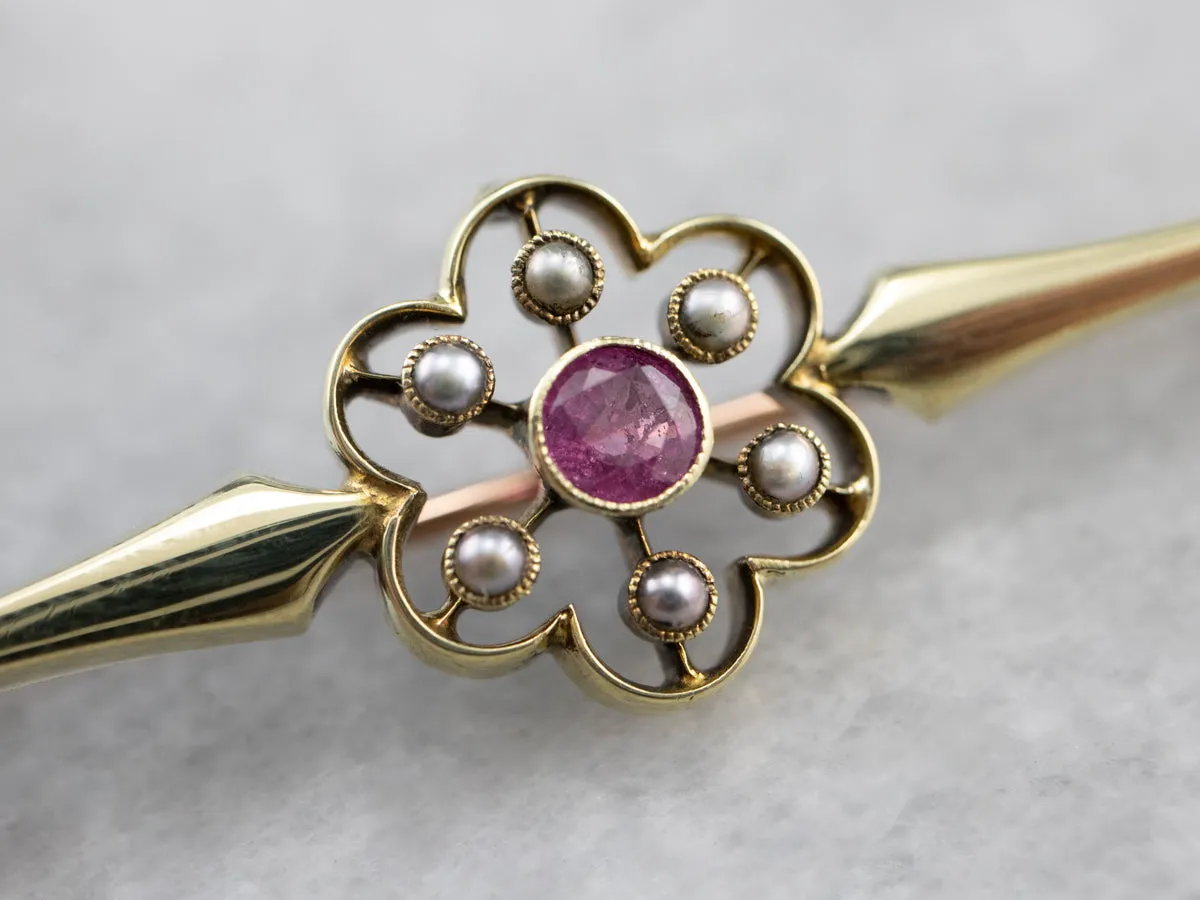 Antique Pink Sapphire Seed Pearl Brooch
