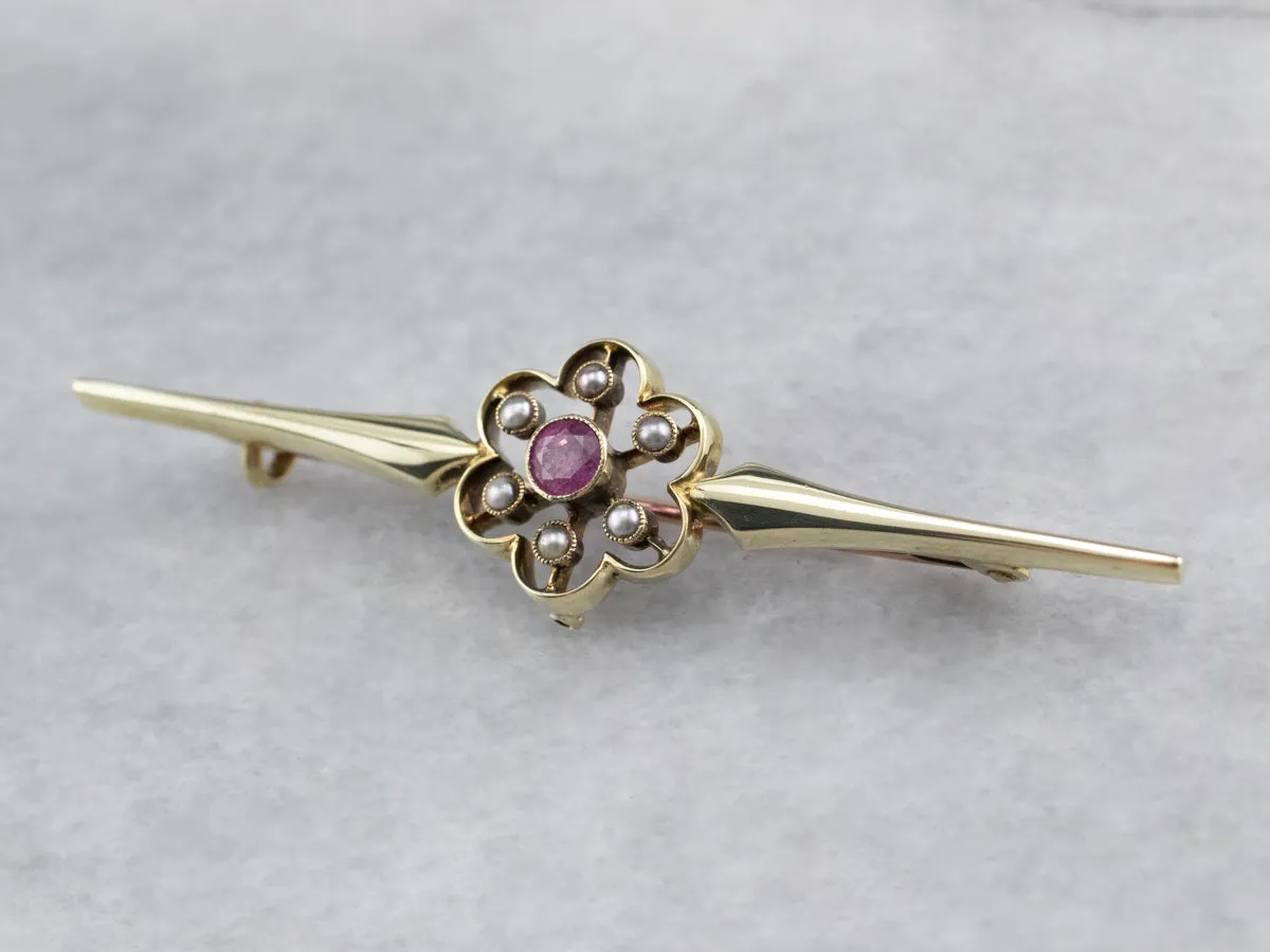 Antique Pink Sapphire Seed Pearl Brooch