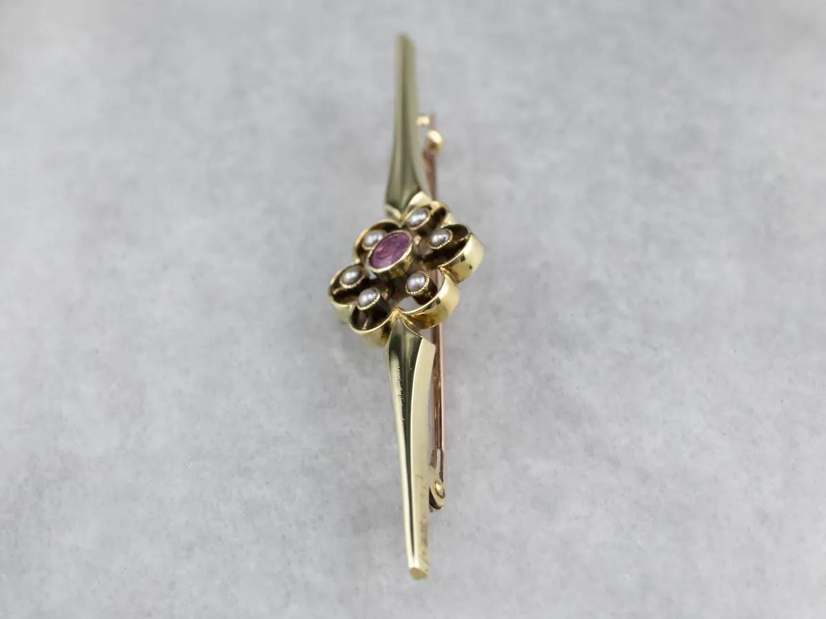 Antique Pink Sapphire Seed Pearl Brooch